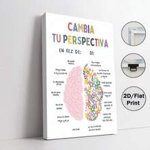 【2D扁平化设计】1张西班牙语心理健康海报 - 成长型思维咨询装饰画，主题：“改变视角”，教育心理学艺术品，适用于教室、办公室、家居 - 简约大脑设计，柔和色调 - 帆布印刷 - 无框墙面装饰，心理学装饰，办公室装饰，励志艺术，教室装饰，耐用材质，2D扁平化设计 - 彩色 - 查看 17