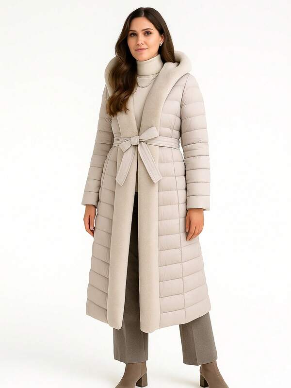 Elegant Long Hooded Padded Coat With Faux Fur Trim And Waist Belt – Warm Winter Maxi Jacket For Women