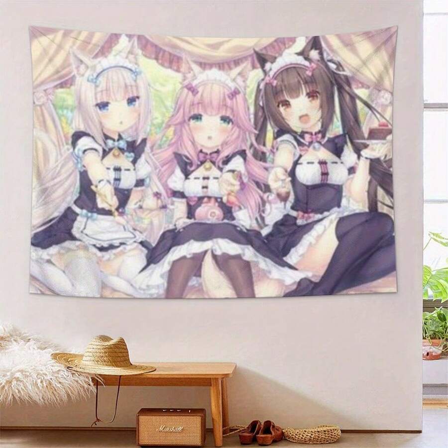 ZLIENSZUS Nekopara Anime Tapestry - A Size Soft Peach-Beige Fabric, No Electricity Required, Quiet Maid Cat Art Decoration, Suitable For Office, Study, Bedroom, Camping And Travel - Machine Washable Gift, Lightweight Design, Light Hanging Painting - 彩色 - 查看 1