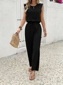 Ruffled Sleeve Co - Ord Set Textured Top Drawstring Wide - Leg Pants Boho Chic Outfit - 黑色 - 查看 1