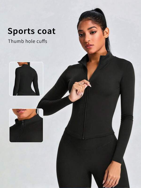 Chaqueta de yoga para mujer unicolor, sexy y delgada, para uso diario, gimnasio, deportes, running, fitness, de secado rápido, ropa de yoga, ropa de gimnasio, con cremallera