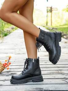 Autumn/Winter Lace-Up Leather Buckle Cinched Side Zipper Short Thick-Soled Soft-Bottomed Versatile Boots, Outdoor Warm Flat Ankle Boots - Black - View 4