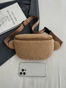 女童秋冬新款时尚大容量羊羔毛腰包女士斜挎包 - 卡其色 - 查看 3