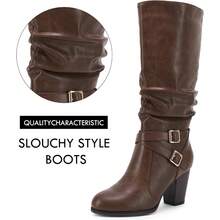Womens Mid Knee High Boots Chunky Heel Slouchy Metal Buckle Side Zipper Fashion Winter Shoes - 巧克力 - 查看 2