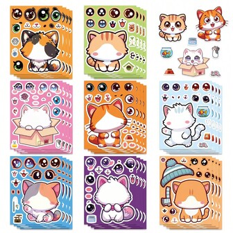 8 piezas Tarjetas de pegatinas para vestir gatitos lindos, pegatinas de rompecabezas de dibujos animados, regalo de vacaciones, pegatinas decorativas impermeables