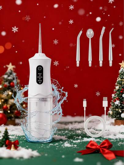 HYUNDAI منظف أسنان مياه قابل للشحن، محمول باليد لاسلكي، جهاز غسل الأسنان الكهربائي مع 3 وضعيات و4 فوهات لعناية الفم في المنزل