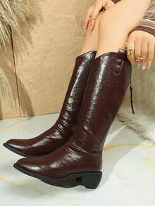 2025冬季新款法式高跟踝靴，女士修身中筒骑马靴 - 棕色 - 查看 3