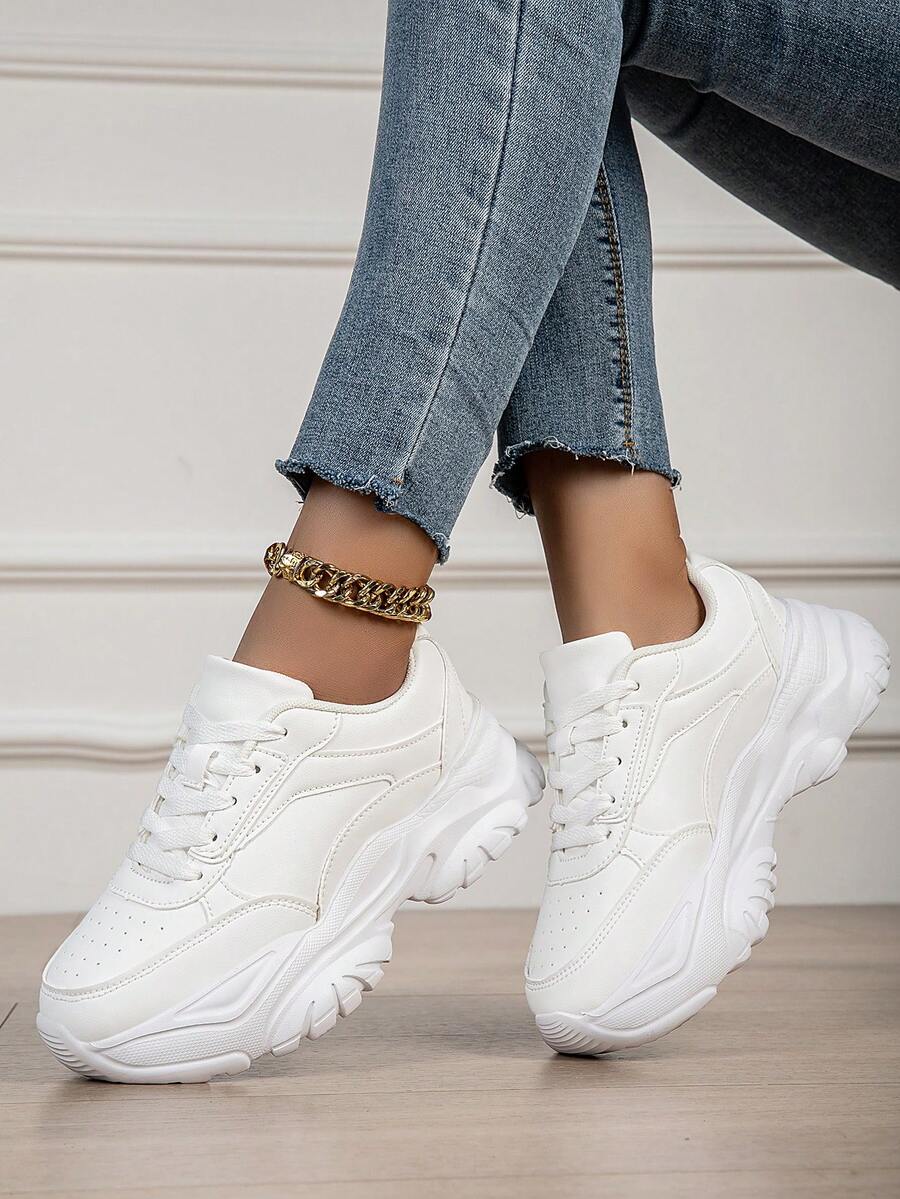 Women's Thick Sole Comfortable Lace-Up Chunky Sneakers, Round Toe Platform Casual Shoes, Versatile Leather Chunky White Shoes - White - View 1