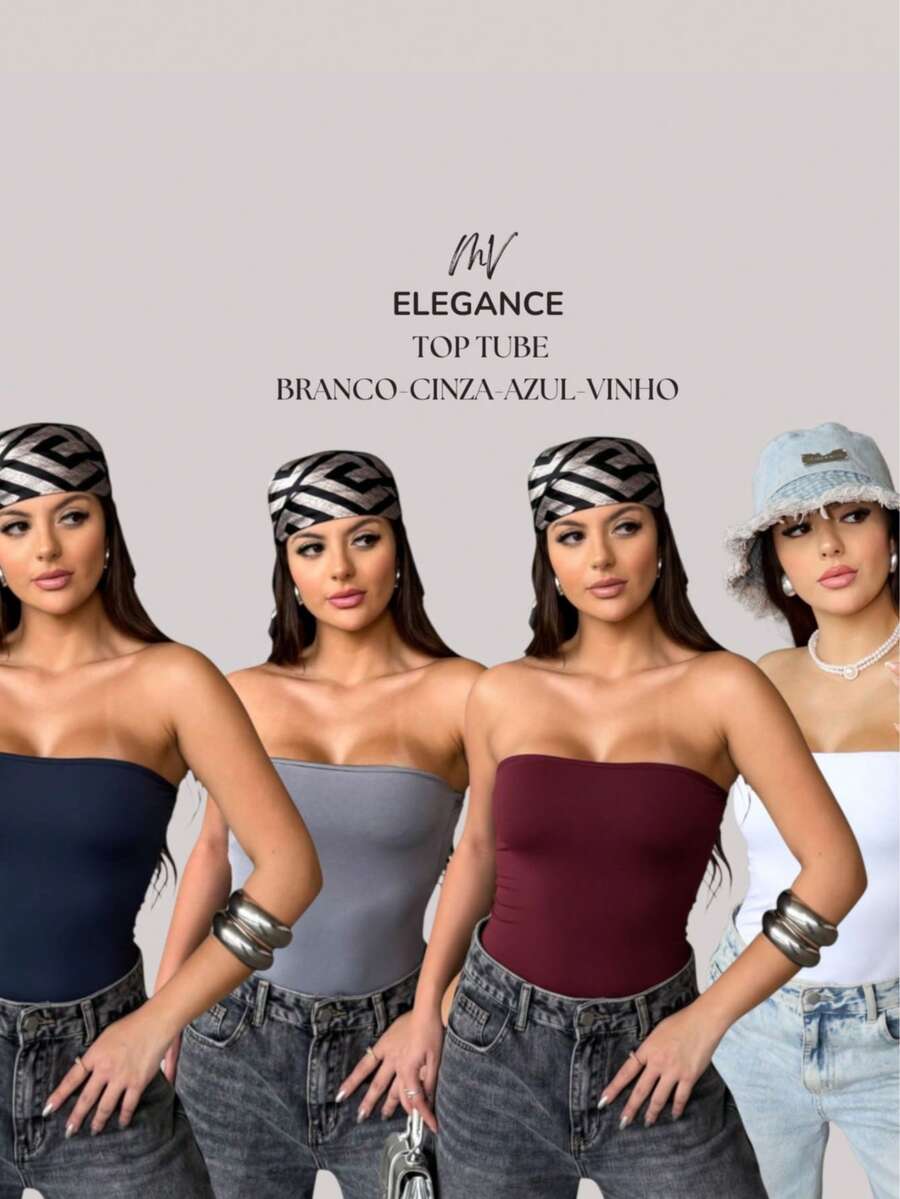 Kit Of 4 Strapless Bandeau Tops, Plain Tube Tops - ĐEN-XANH-RƯỢU VANG-TRẮNG - Xem 1