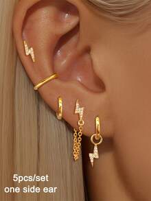 5 Pcs Showy 24K Gold Plated Cubic Zirconia Chain Drop Dangle Earrings For Women Hoop Earrings Women Lightning Stud Earrings Set