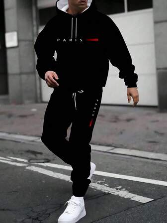 Plusstorlek Herr 3D-tryckt PARIS Gradient Randig Mode Casual Hoodie & Sweatpants Tvådelat Set, Höstkläder