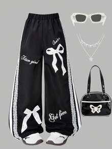 Girls' Black And White Lace Bowknot Wide-Leg Pants: Sweet And Cool Style With Letter Prints And Splicing,  Pair Of Wide-Leg Pants For Punk-Style Girls, Fashion Sense To Street Looks - 黑色 - 查看 9