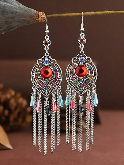 Vintage Fully Rhinestoned Round Resin Crystal Chain Tassel Long Earrings For Women