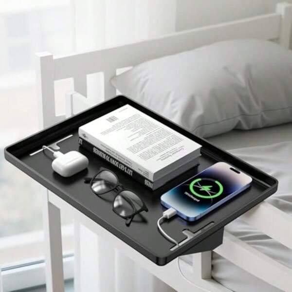 Bedside Shelf For Bunk Bed With 2 USB Cable Slots Clip On Bedside Table Tray For College Dorm And Loft Bed Sturdy Floating Nightstand For Phone Glasses Books SpaceSaving Black Bed Shelf