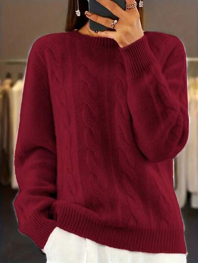 Suéter casual de unicolor de cuello redondo para mujer de talla grande, ajuste holgado de manga larga con patrón de cable, adecuado para looks de San Valentín