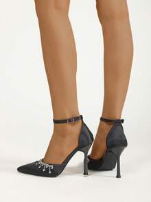 Women's Elegant Black Satin High Heels With Ankle Strap, Pointed Toe, Rhinestone Tassel Decor - Black - View 4