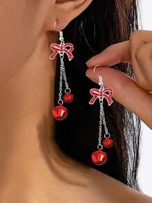 Bộ 6 cặp/bộ chuông Giáng sinh nhiều màu, bóng đèn, nơ đỏ, cây thông Noel bằng hợp kim màu xanh lá cây, hoa tai hình tròn màu xanh lá cây, bộ trang sức Giáng sinh, đêm Giáng sinh, phụ kiện tiệc Giáng sinh - Bộ 3 - Xem 5
