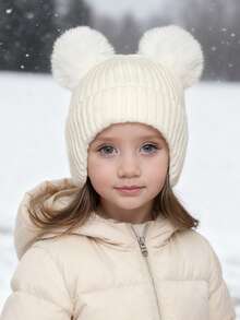 1pc Kids Winter Pom Pom Ear Warmer Knit Beanie Hat, Thick Warm Knitted Ski Cap For Boys & Girls - Knitted Earmuff Hat - View 2