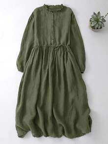 女士宽松七分袖中长连衣裙，艺术风格，秋季 - 墨綠色 - 查看 3