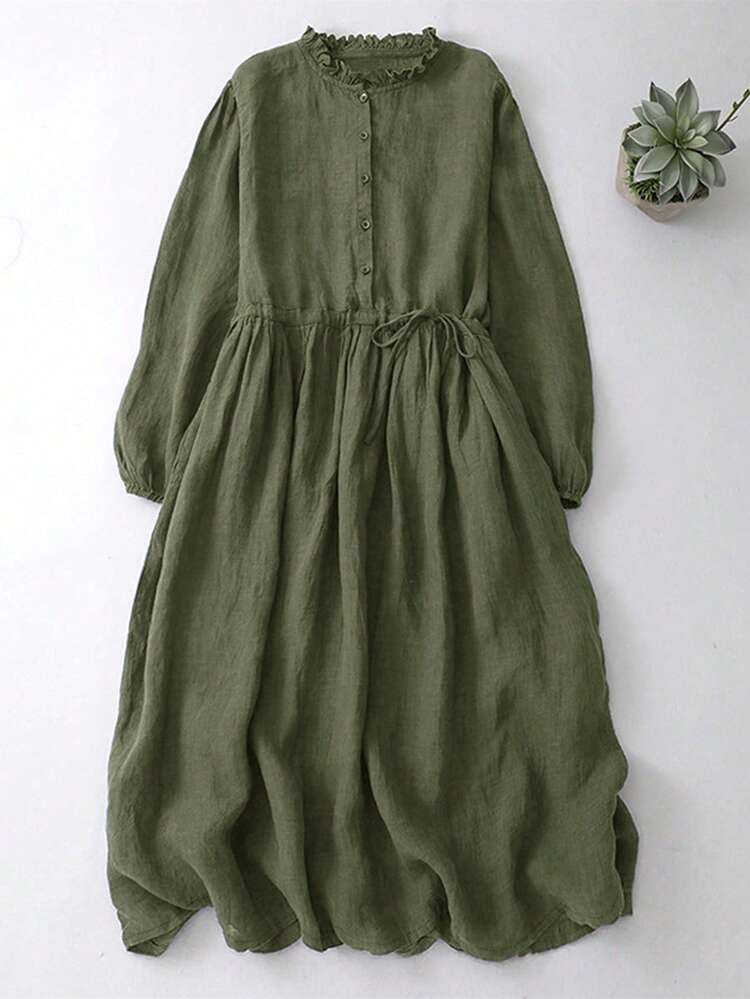 Vestido midi holgado de mujer de 3/4 de manga, estilo artístico, elegante para otoño y primavera - Verde Oscuro - Añade 3