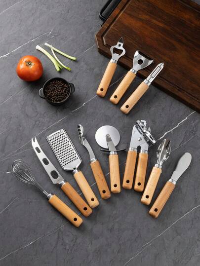 1 pieza Juego de utensilios de cocina, mango de madera de haya, pequeños utensilios de cocina de acero inoxidable, batidor, pelador, cuchillo para pizza y queso