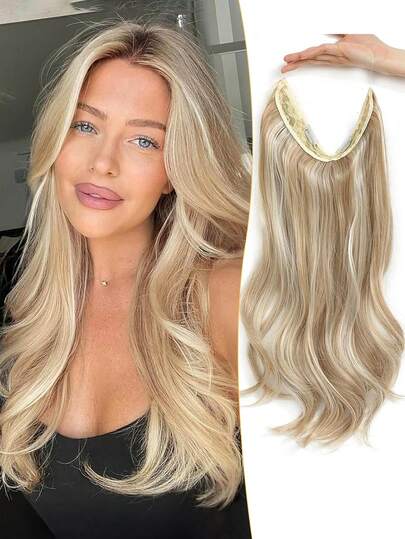 Invisible Wire Hair Extensions 18Inch Body Wavy Halo Hair Extensions With Adjustable 2 Clips Soft Transparent Lace Natural Long Wavy Hair Extensions For Women-Sandy Blonde With White Highlights