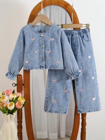 2pcs/Set Toddler Girls' Outdoor Casual Round Neck Heart Pattern Cute Button-Up Denim Shirt And Loose Wide Leg Straight Denim Pants Set