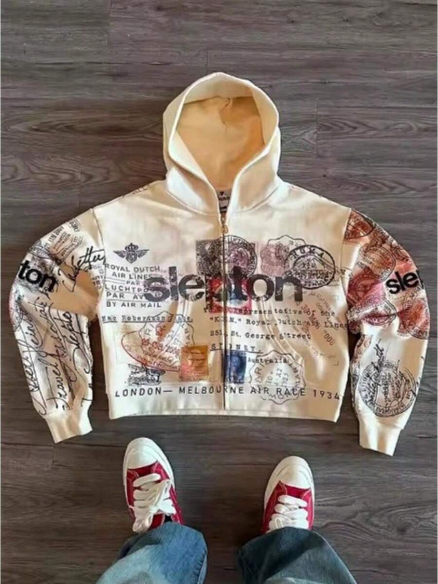Y2K Vintage Zip Hoodie For Men, Streetwear Loose Fit Jacket With Abstract Graphic Hoodie, Personalized Stamp Pattern Men's Street Top - 杏色 - 查看 1
