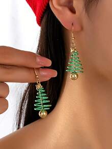 Bộ 6 cặp/bộ chuông Giáng sinh nhiều màu, bóng đèn, nơ đỏ, cây thông Noel bằng hợp kim màu xanh lá cây, hoa tai hình tròn màu xanh lá cây, bộ trang sức Giáng sinh, đêm Giáng sinh, phụ kiện tiệc Giáng sinh - Bộ 3 - Xem 3