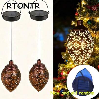 RTONTR 2 piezas Luces solares LED de Navidad vintage, impermeables, de metal con acabado de níquel pulido, con lámpara de jardín hueca, luces decorativas LED para decoración de escuela, calle, patio y balcón