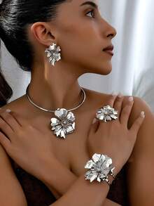 Gold Flower & Faux Pearl Jewelry Set, Suitable For Important Occasions - Jewelry Set - View 2