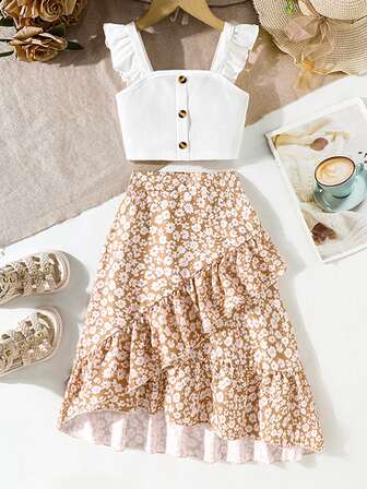 2 Pieces Girls Summer Skirt Set - Ribbed Knit Cami & Ditsy Floral Mini Skirt 2 Pieces Set - Polyester Blend, Stretchy Knit Fabric, Regular Fit, Suitable For Summer Casual Activities