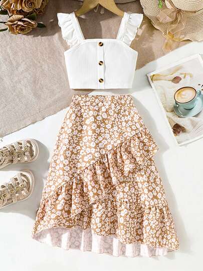 2 Pieces Girls Summer Skirt Set - Ribbed Knit Cami & Ditsy Floral Mini Skirt 2 Pieces Set - Polyester Blend, Stretchy Knit Fabric, Regular Fit, Suitable For Summer Casual Activities