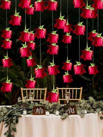 12 st (11 röda rosor + 1 rulle genomskinligt rep), bröllopsdekoration hängande röda rosor, bröllopsdekoration hängande röda rosor viskosblommor - lämplig för bröllopsbågar, alla hjärtans dag-fester, möhippor, buketter, festdekorationer och takdekorationer