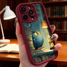 Cubierta de teléfono con diseño de búho azul en biblioteca con libros y reloj despertador color negro para uso diario en casa o estudio Aplicable a teléfonos Apple y Galaxy. - Burdeos - Ver 2