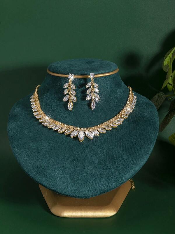2pcs Sparkling Luxury Crystal Leaf Necklace Set, Fashion Jewelry Accessories For Brides, Wedding, Party Dresses