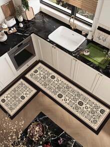 1pc American Style Premium Kitchen Floor Mat, Geometric Design Anti-Fatigue Cushioned Comfort Rug, Water Absorbent & Non-Slip Kitchen Mat & Carpet, Minimalist Diatomaceous Earth & Soft Rubber Mat, Ideal For Kitchen, Bathroom, Entrance Door, Laundry Room, Etc. ,Room Decor - Black and White - View 10