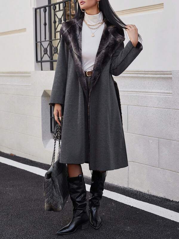 Manteau long en laine mélangée avec capuche et ceinture, chic pour l'hiver et l'automne. Vêtement d'extérieur élégant gris foncé pour temps froid