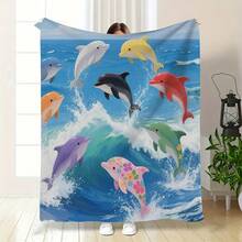1 Piece Ultra Soft Flannel Blanket - Four Seasons Warmth, Blue And Turquoise Dolphin Jumping Wave Pattern, Thick Flannel Fabric, Suitable For Camping, Sofa, Bed, Office - Machine Washable Indoor And Outdoor Shawl - Ideal Housewarming Birthday Gift, Comfortable Blanket, Sofa Decoration, Modern Style, High-Quality Textile, Multi-Functional Accessory, Great Gift Choice - 30in*40in(76cm*100cm) - View 2