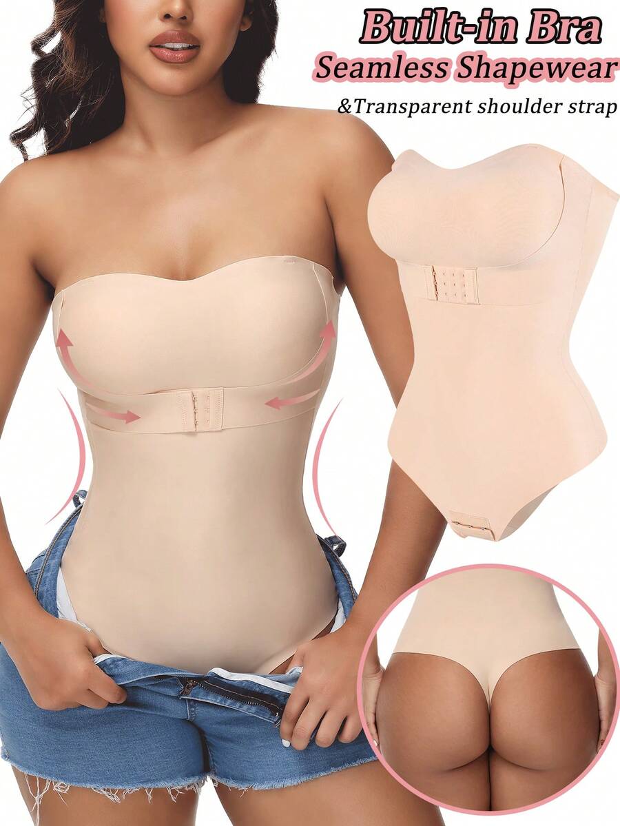 Built-In Bra Seamless Shapewear Thong Bodysuit For Women Tummy Control Strapless Slimming Body Shaper Underwear Under Dresses Abdomen Compression Undershirts Off The Shoulder Spaghetti Strap Removable Shoulder Straps Push Up Padded Bra - 杏色 - 查看 1