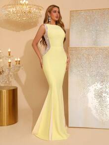 New Sexy Sleeveless Round Neck Heavily Embellished Rhinestone Mesh & Bandage Dress, Women's Wedding Party Formal Evening Gown