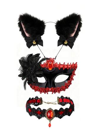 3 件套哥特式半脸面具项链套装，威尼斯化妆舞会服装配饰，女士性感内衣配饰套装