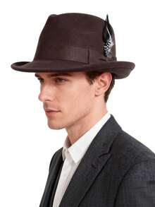 Classic Fedora Hats For Men Gentleman Short Brim Felt Feather Panama Dress Hat - Brown - View 5