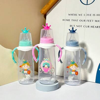 1个婴儿PP材质奶瓶，带手柄吸管杯，重力球设计，防呛防摔，卡通图案，刻度，150毫升/280毫升，粉色