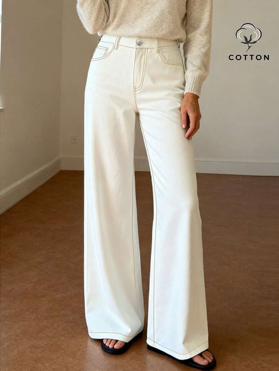 Jeans larges en denim minimalistes et décontractés pour femmes avec poches et fermeture éclair, pantalon long blanc non extensible