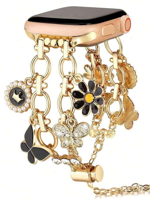 1 Stück Modisches Damen Metall Doppelreihen Schmuckarmband mit niedlichen Anhängern, passendes Metallarmband kompatibel mit Apple Watch Bändern 38mm 40mm 41mm 42mm 44mm 45mm 46mm 49mm, kompatibel mit Apple Watch Series SE Ultra 2 Series 11 10 9 8 7 6 5 4 3 2 1