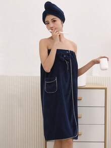 2件套女士珊瑚绒柔软吸水连帽浴巾和裹身巾套装，蝴蝶结设计 - 藏蓝色 - 查看 8