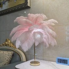 (Pink 30 Feathers)Rechargeable Feather Light With Built-In Battery, Portable Cordless DIY Home Living Room Coffee Table LED Decorative Lamp, Bedside Desk Lamp, Ins Style Girl Live Stream Atmosphere Light, Birthday Wedding Romantic Night Light, European & American Style + 1 Charging Cable, Lamp Body Color French Gold, Actual Color May Differ From Image