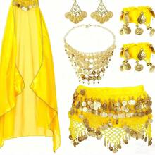 女士肚皮舞服装套装，包括肚皮舞臀巾、裹身配饰、硬币吊坠项链、耳环、手镯和万圣节肚皮舞服装 - 彩色 - 查看 12