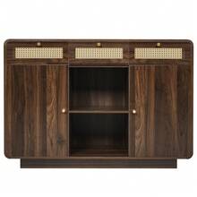 120cm Walnut Sideboard, Drawer Cabinet With Rattan And Gold Handles, 3 Drawers + 2 Cabinets + Open Shelf, Height Adjustable Shelves, H85/W120/D40